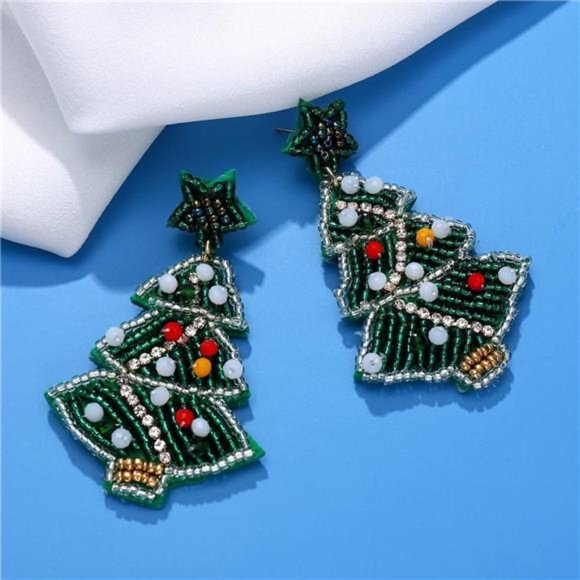 Christmas Beaded Earrings Hypoallergenic X-Mas Tree Snowflake Dangling Earrings - Picture 5 of 7